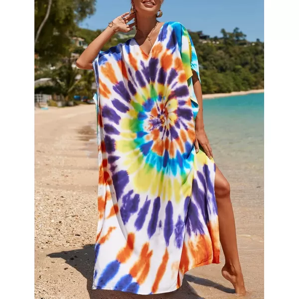 Bsubseach Women Colorful Geometric Beach Cover Up Loose Kaftan Dress