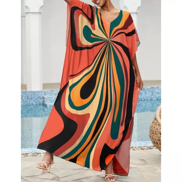 Bsubseach Women Colorful Geometric Beach Cover Up Loose Kaftan Dress