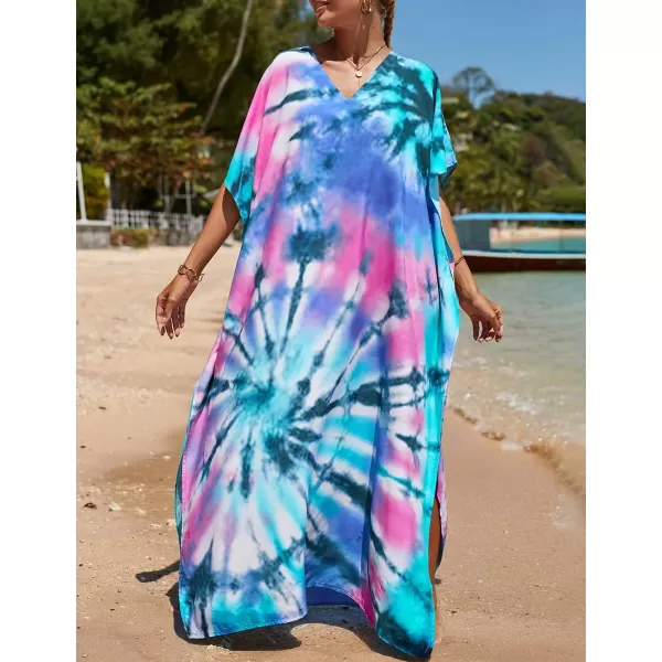 Bsubseach Women Colorful Geometric Beach Cover Up Loose Kaftan Dress