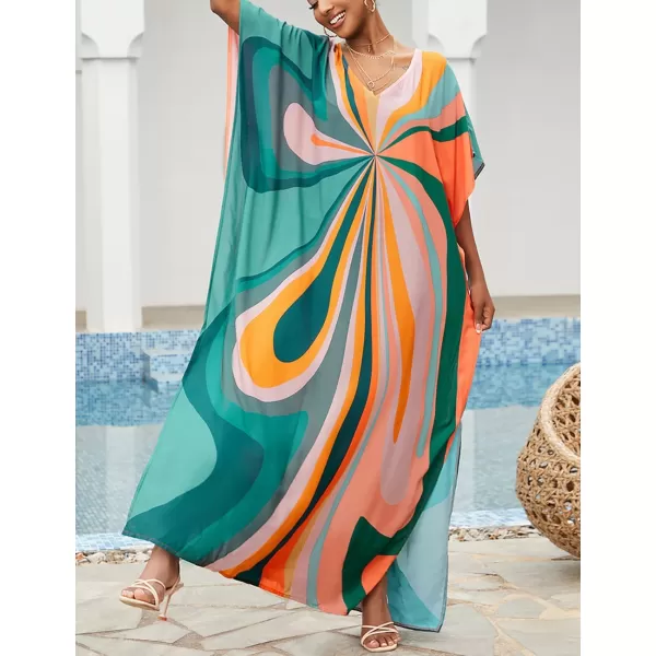Bsubseach Women Colorful Geometric Beach Cover Up Loose Kaftan Dress