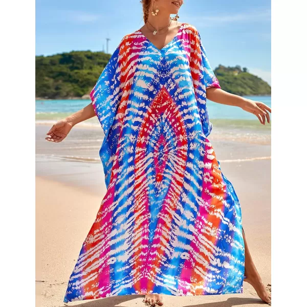 Bsubseach Women Colorful Geometric Beach Cover Up Loose Kaftan Dress