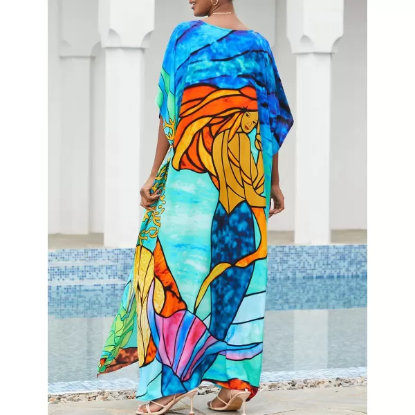 Bsubseach Women Colorful Geometric Beach Cover Up Loose Kaftan Dress