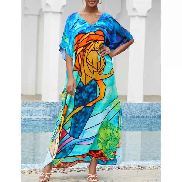 Bsubseach Women Colorful Geometric Beach Cover Up Loose Kaftan Dress