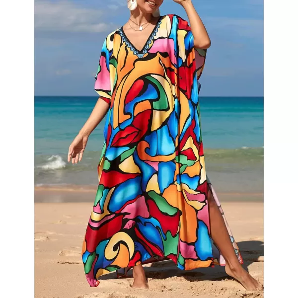 Bsubseach Women Colorful Geometric Beach Cover Up Loose Kaftan Dress