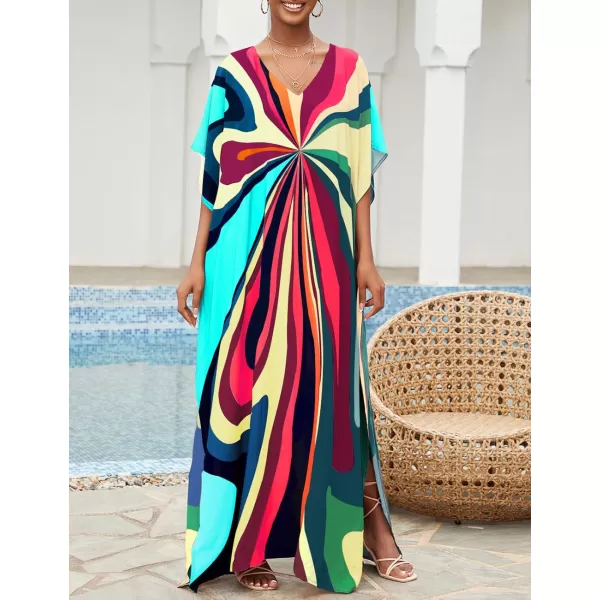 Bsubseach Women Colorful Geometric Beach Cover Up Loose Kaftan Dress