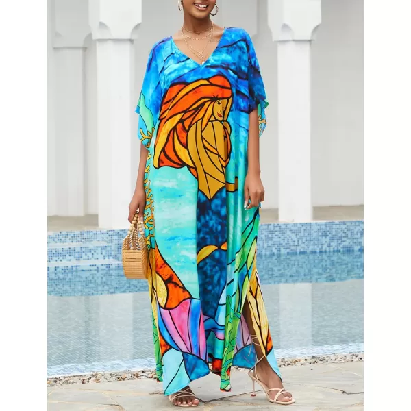 Bsubseach Women Colorful Geometric Beach Cover Up Loose Kaftan Dress