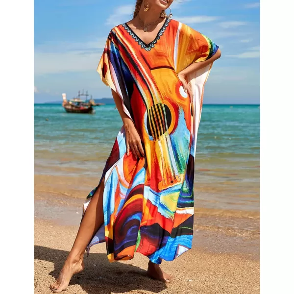 Bsubseach Women Colorful Geometric Beach Cover Up Loose Kaftan Dress