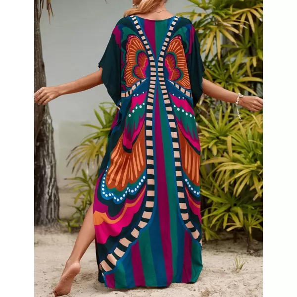 Bsubseach Women Colorful Geometric Beach Cover Up Loose Kaftan Dress