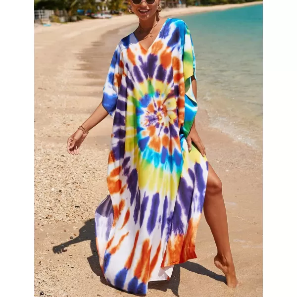 Bsubseach Women Colorful Geometric Beach Cover Up Loose Kaftan Dress