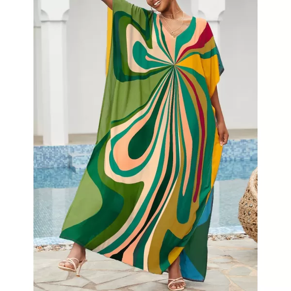 Bsubseach Women Colorful Geometric Beach Cover Up Loose Kaftan Dress