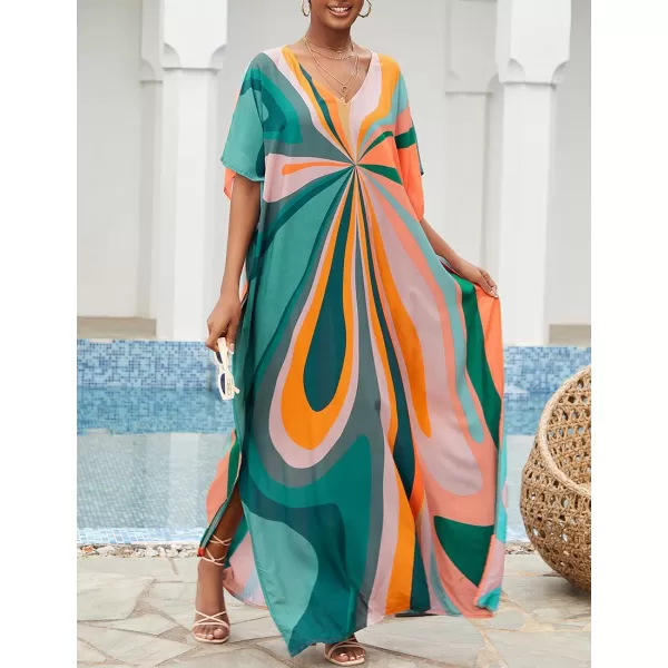 Bsubseach Women Colorful Geometric Beach Cover Up Loose Kaftan Dress