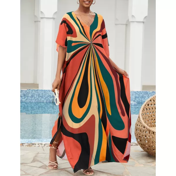 Bsubseach Women Colorful Geometric Beach Cover Up Loose Kaftan Dress