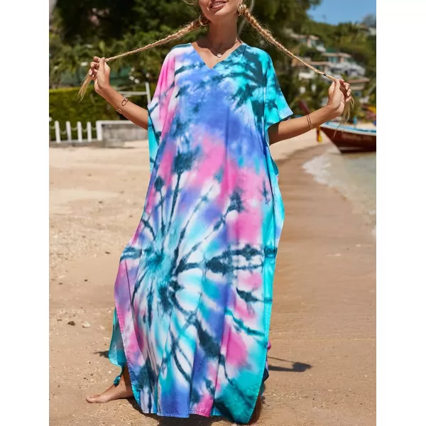 Bsubseach Women Colorful Geometric Beach Cover Up Loose Kaftan Dress