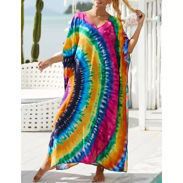 Bsubseach Women Colorful Geometric Beach Cover Up Loose Kaftan Dress
