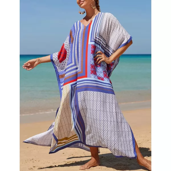Bsubseach Women Colorful Geometric Beach Cover Up Loose Kaftan Dress