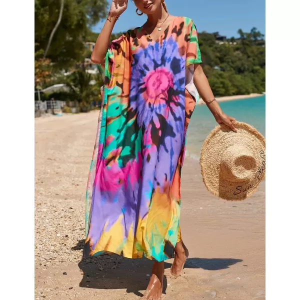 Bsubseach Women Colorful Geometric Beach Cover Up Loose Kaftan Dress