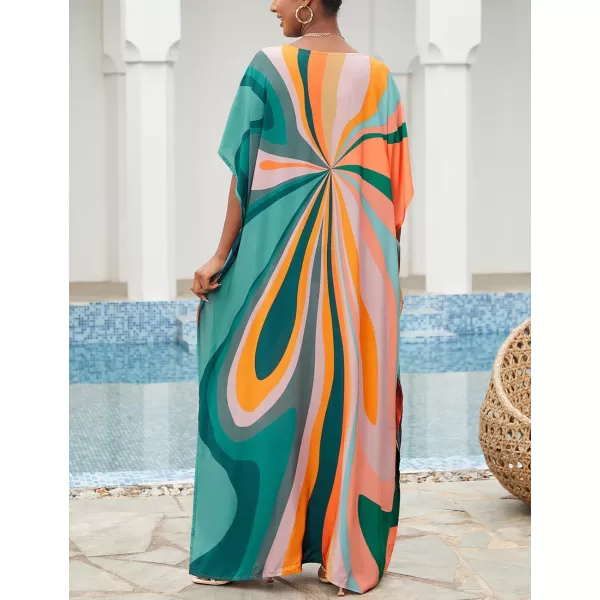 Bsubseach Women Colorful Geometric Beach Cover Up Loose Kaftan Dress