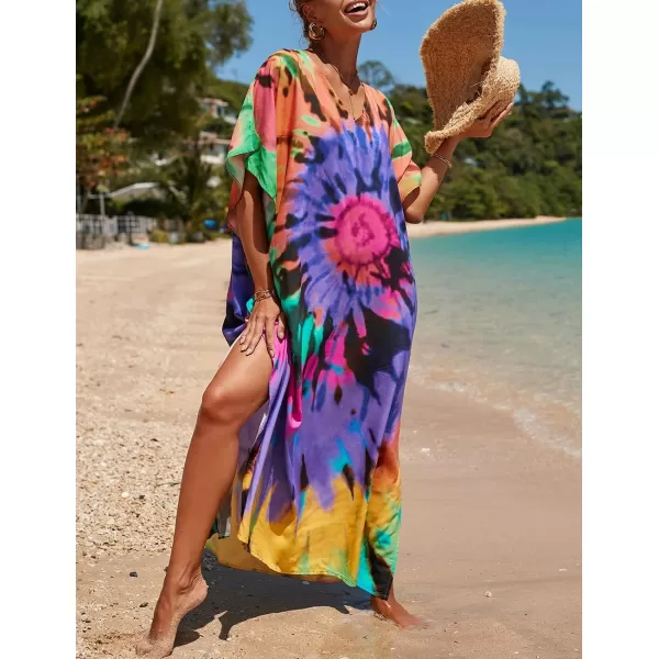 Bsubseach Women Colorful Geometric Beach Cover Up Loose Kaftan Dress