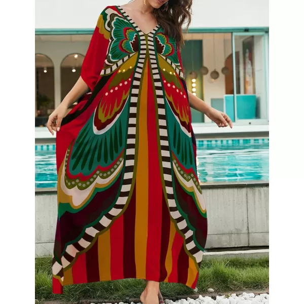 Bsubseach Women Colorful Geometric Beach Cover Up Loose Kaftan Dress