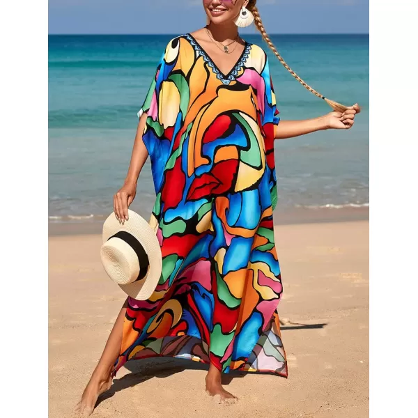 Bsubseach Women Colorful Geometric Beach Cover Up Loose Kaftan Dress