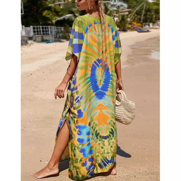 Bsubseach Women Colorful Geometric Beach Cover Up Loose Kaftan Dress