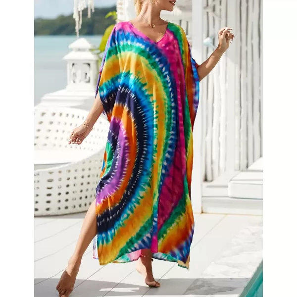 Bsubseach Women Colorful Geometric Beach Cover Up Loose Kaftan Dress