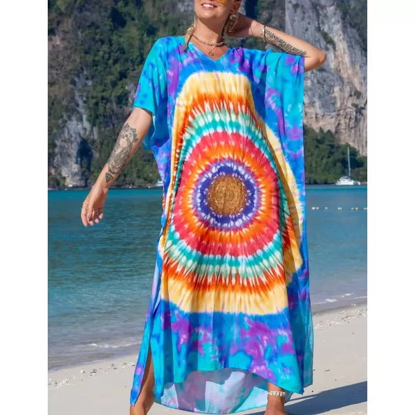 Bsubseach Women Colorful Geometric Beach Cover Up Loose Kaftan Dress