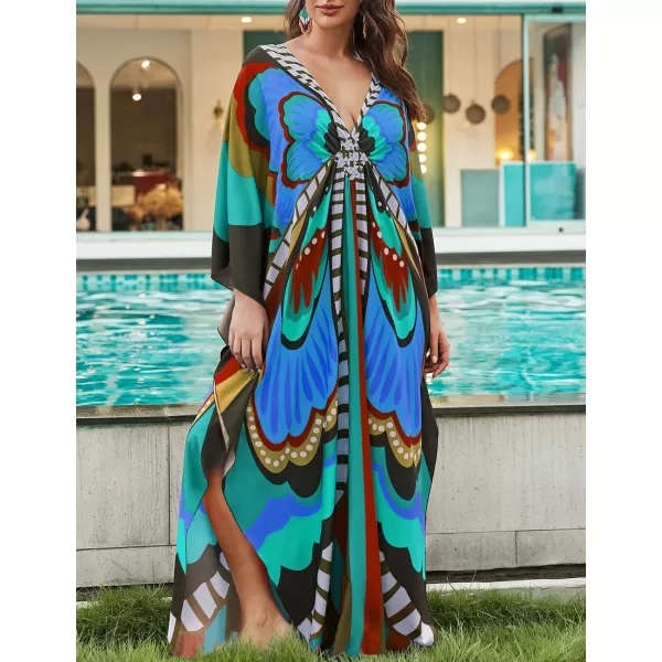 Bsubseach Women Colorful Geometric Beach Cover Up Loose Kaftan Dress