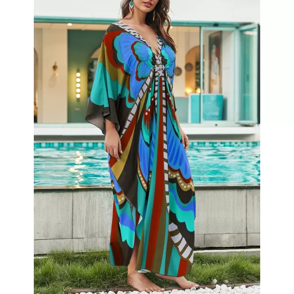 Bsubseach Women Colorful Geometric Beach Cover Up Loose Kaftan Dress