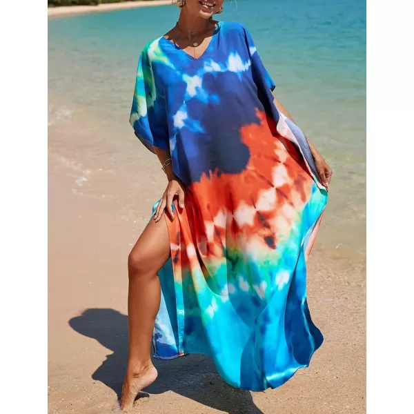 Bsubseach Women Colorful Geometric Beach Cover Up Loose Kaftan Dress