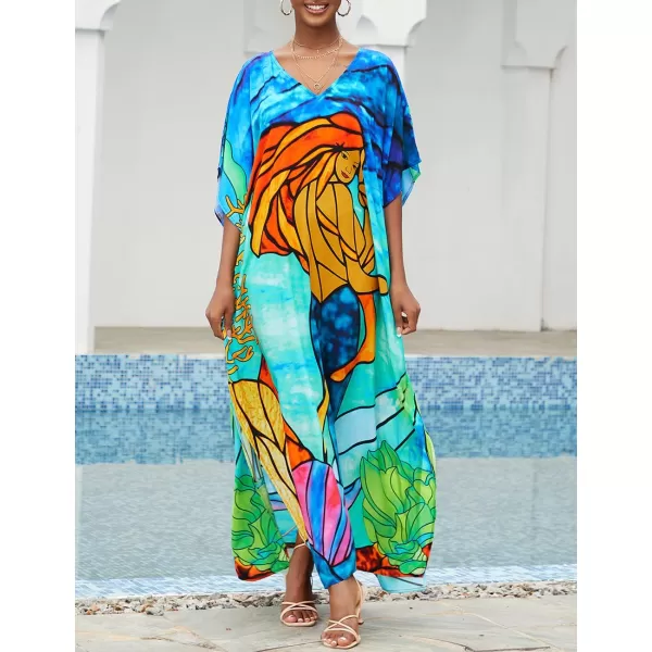 Bsubseach Women Colorful Geometric Beach Cover Up Loose Kaftan Dress