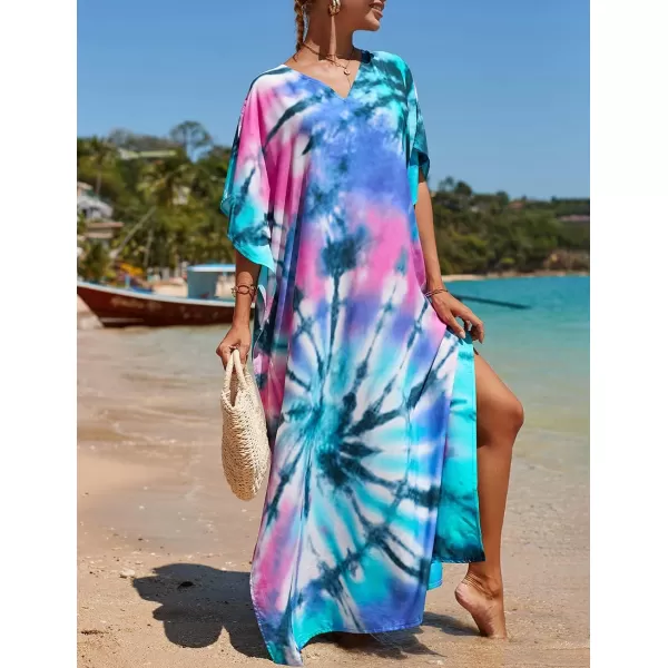 Bsubseach Women Colorful Geometric Beach Cover Up Loose Kaftan Dress