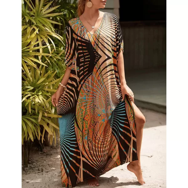 Bsubseach Women Colorful Geometric Beach Cover Up Loose Kaftan Dress