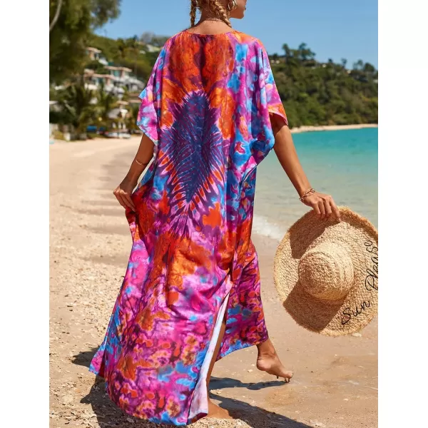 Bsubseach Women Colorful Geometric Beach Cover Up Loose Kaftan Dress