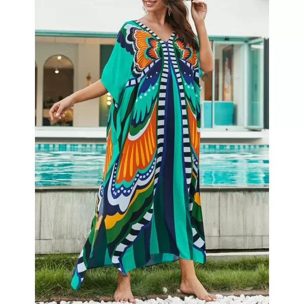 Bsubseach Women Colorful Geometric Beach Cover Up Loose Kaftan Dress