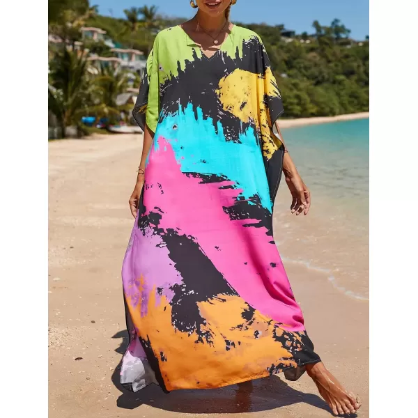 Bsubseach Women Colorful Geometric Beach Cover Up Loose Kaftan Dress