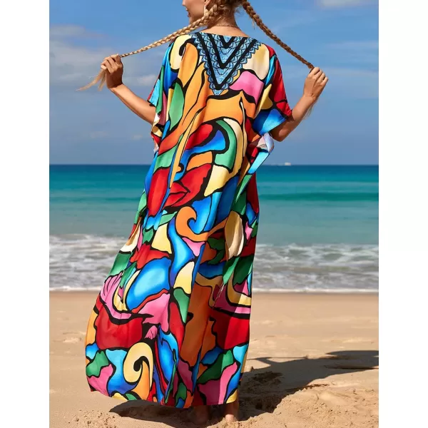 Bsubseach Women Colorful Geometric Beach Cover Up Loose Kaftan Dress