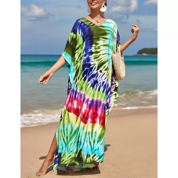 Bsubseach Women Colorful Geometric Beach Cover Up Loose Kaftan Dress