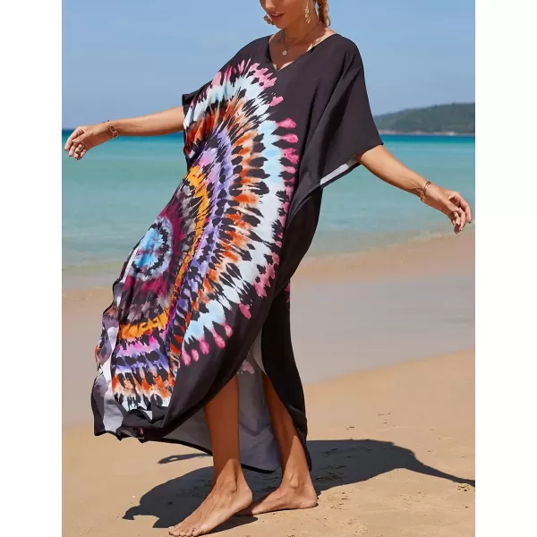 Bsubseach Women Colorful Geometric Beach Cover Up Loose Kaftan Dress