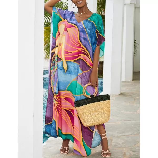 Bsubseach Women Colorful Geometric Beach Cover Up Loose Kaftan Dress