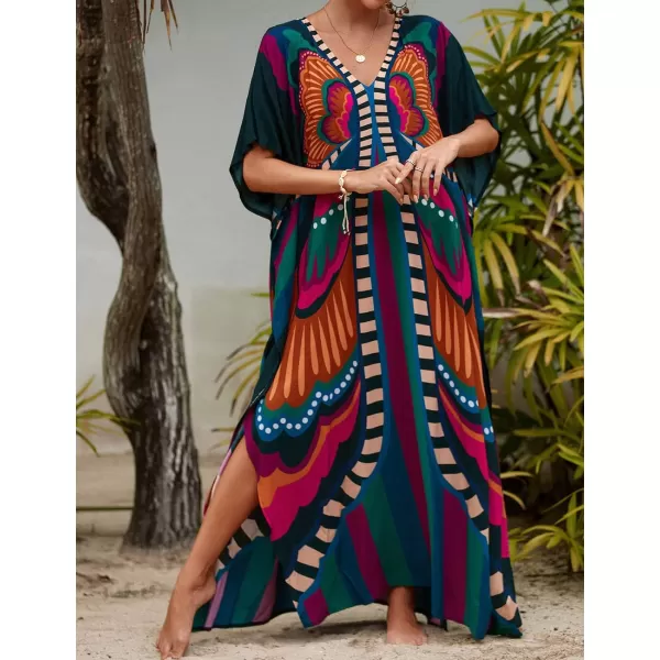 Bsubseach Women Colorful Geometric Beach Cover Up Loose Kaftan Dress