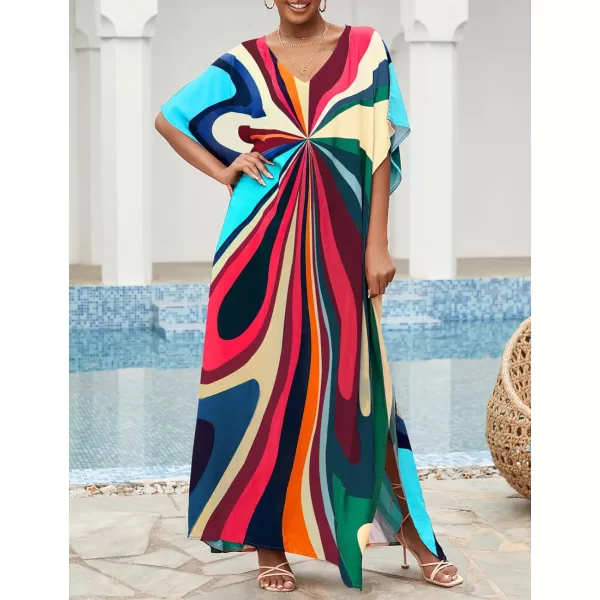 Bsubseach Women Colorful Geometric Beach Cover Up Loose Kaftan Dress