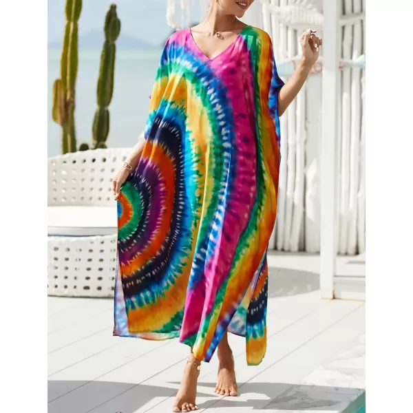 Bsubseach Women Colorful Geometric Beach Cover Up Loose Kaftan Dress