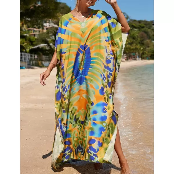 Bsubseach Women Colorful Geometric Beach Cover Up Loose Kaftan Dress