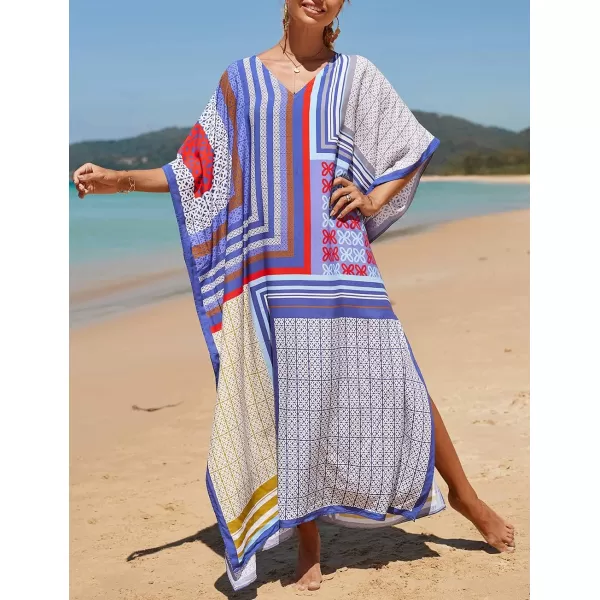 Bsubseach Women Colorful Geometric Beach Cover Up Loose Kaftan Dress