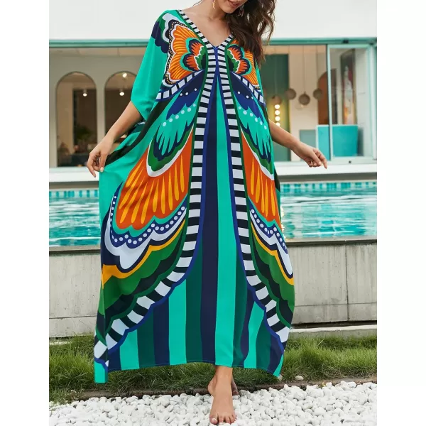 Bsubseach Women Colorful Geometric Beach Cover Up Loose Kaftan Dress