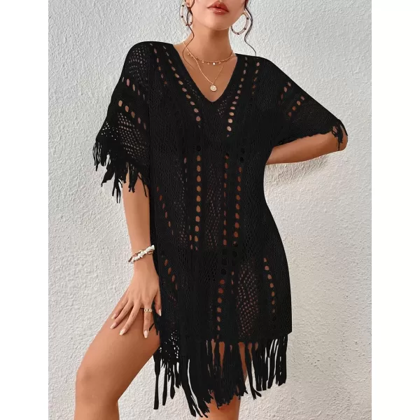 Bsubseach Women Crochet Cover Up Summer Hollow Out Bathing Suit Cover Ups Knit Bikini Beach Dress with Tassel