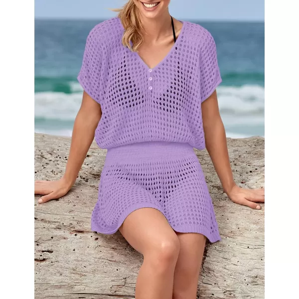 Bsubseach Women Crochet Hollow Out Swim Cover Ups Short Sleeve Beach Swimwear Tunic Dress