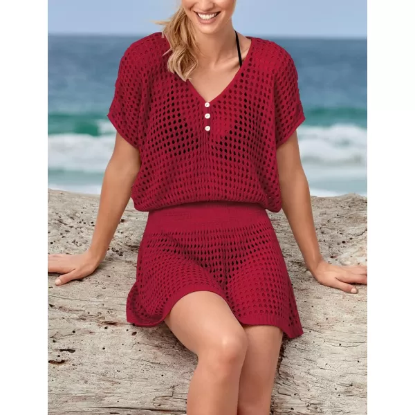 Bsubseach Women Crochet Hollow Out Swim Cover Ups Short Sleeve Beach Swimwear Tunic Dress