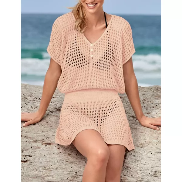Bsubseach Women Crochet Hollow Out Swim Cover Ups Short Sleeve Beach Swimwear Tunic Dress